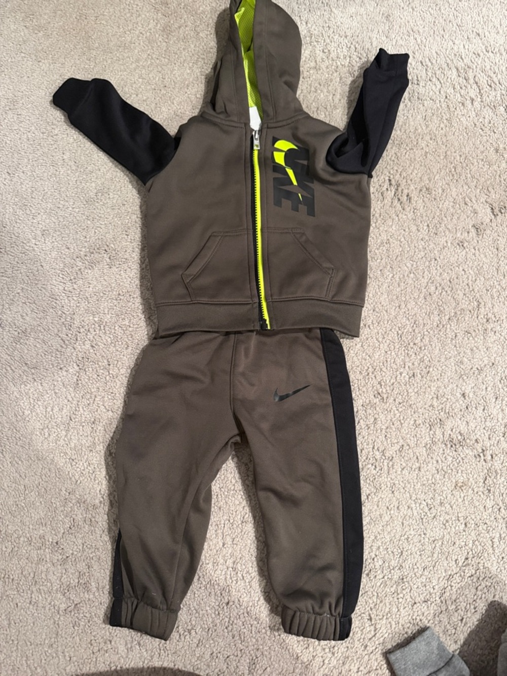 Nike Olive Green & Black Kids Hoodie Jogger Set with Neon Yellow Accent